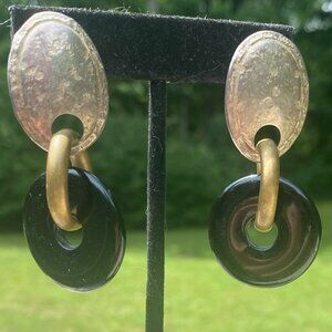 Marjorie Baer SF mixed metal and black lucite modernist pierced omega earrings